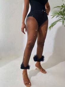 SHEIN Unity Pha lê Chi tiết đáng kinh ngạc Lưới Trang trí Fuzzy Quần - màu đen - Xem 6