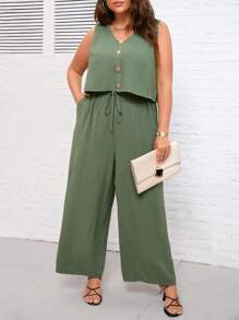 SHEIN LUNE Plus Button Front Sleeveless Top & Wide Leg Pants - Green - View 1