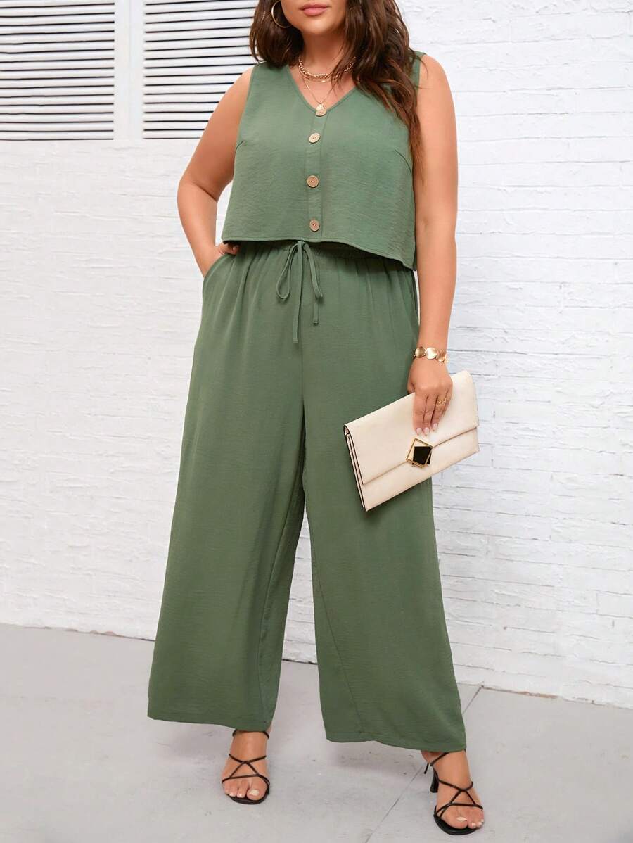SHEIN LUNE Plus Button Front Sleeveless Top & Wide Leg Pants - Green - View 1