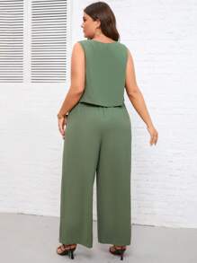 SHEIN LUNE Plus Button Front Sleeveless Top & Wide Leg Pants - Green - View 2