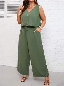 SHEIN LUNE Plus Button Front Sleeveless Top & Wide Leg Pants - Green - View 5
