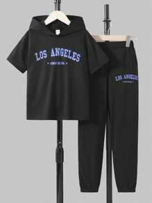SHEIN Tween Boy Letter Graphic Hooded Tee & Joggers - Black - View 1