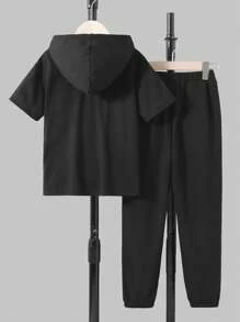 SHEIN Tween Boy Letter Graphic Hooded Tee & Joggers - Black - View 2