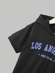 SHEIN Tween Boy Letter Graphic Hooded Tee & Joggers - Black - View 4