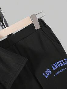 SHEIN Tween Boy Letter Graphic Hooded Tee & Joggers - Black - View 5