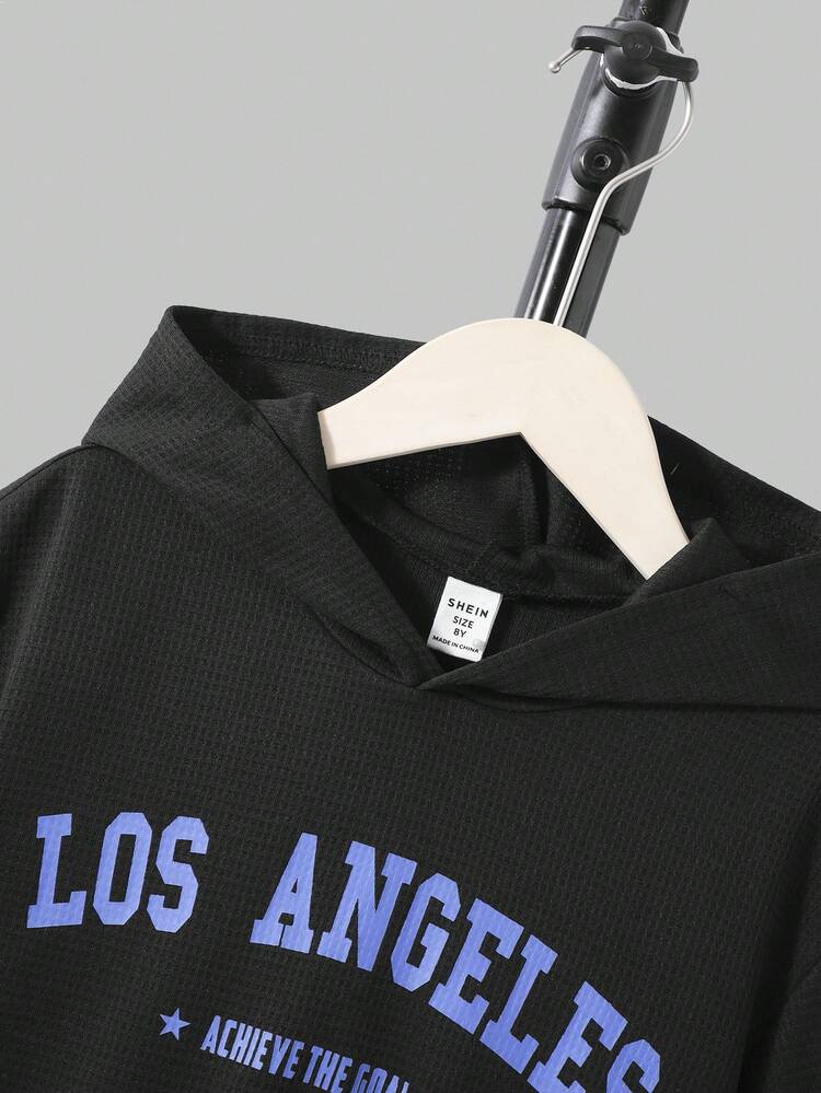 SHEIN Tween Boy Letter Graphic Hooded Tee & Sweatpants - Black - View 7