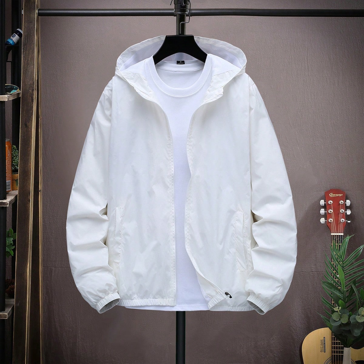 Chaqueta cortavientos con capucha y cremallera de manga larga para hombre, sin camiseta, para otoño