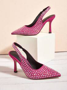 魅力四射熱粉色后提帶高跟單鞋適合女士,水鑽裝飾尖頭細跟仿麂皮高跟鞋 - 玫紅色 - 查看 1