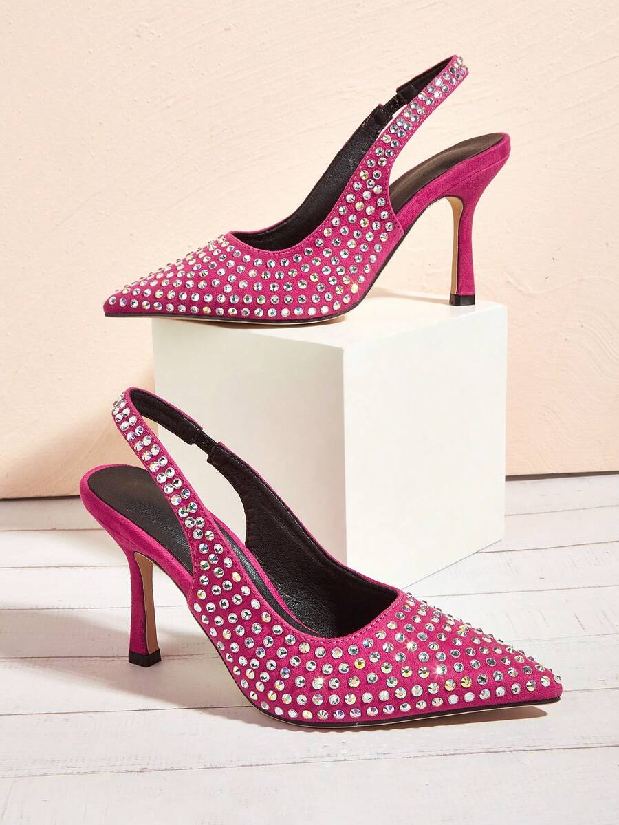魅力四射熱粉色后提帶高跟單鞋適合女士,水鑽裝飾尖頭細跟仿麂皮高跟鞋 - 玫紅色 - 查看 1