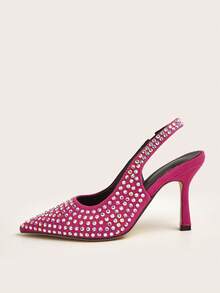魅力四射熱粉色后提帶高跟單鞋適合女士,水鑽裝飾尖頭細跟仿麂皮高跟鞋 - 玫紅色 - 查看 2