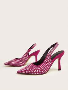 魅力四射熱粉色后提帶高跟單鞋適合女士,水鑽裝飾尖頭細跟仿麂皮高跟鞋 - 玫紅色 - 查看 3