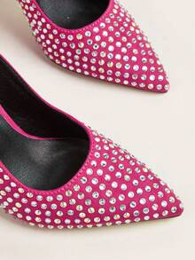 魅力四射熱粉色后提帶高跟單鞋適合女士,水鑽裝飾尖頭細跟仿麂皮高跟鞋 - 玫紅色 - 查看 4