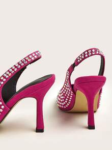 魅力四射熱粉色后提帶高跟單鞋適合女士,水鑽裝飾尖頭細跟仿麂皮高跟鞋 - 玫紅色 - 查看 5