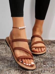 Giày bệt nữ, Sandal hở mũi có dây chun thông thường, Sandal đi ngoài trời đa năng. Dép xỏ ngón khoét lỗ trang trí hoa - màu nâu - Xem 3