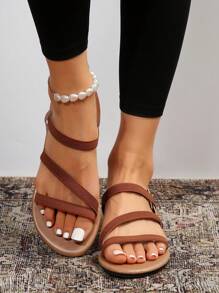 Giày bệt nữ, Sandal hở mũi có dây chun thông thường, Sandal đi ngoài trời đa năng. Dép xỏ ngón khoét lỗ trang trí hoa - màu nâu - Xem 5