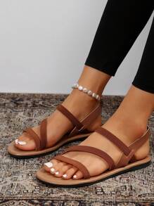 Giày bệt nữ, Sandal hở mũi có dây chun thông thường, Sandal đi ngoài trời đa năng. Dép xỏ ngón khoét lỗ trang trí hoa - màu nâu - Xem 6