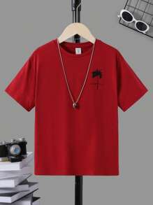 SHEIN Con trai In cây dừa Áo thun Không có vòng cổ - Đỏ - Xem 1