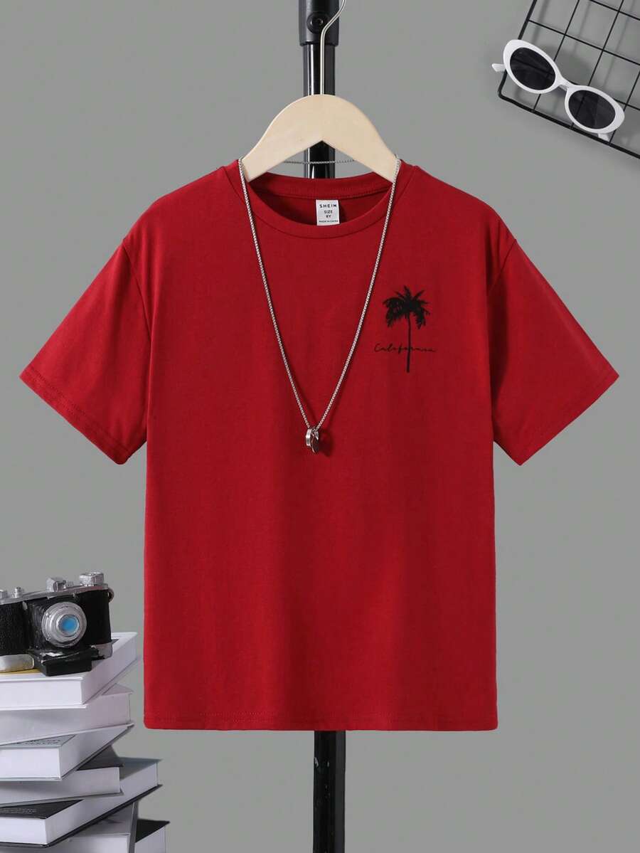 SHEIN Con trai In cây dừa Áo thun Không có vòng cổ - Đỏ - Xem 1