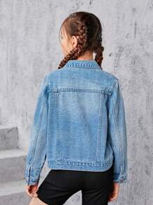 SHEIN Sparklyn 女大童翻蓋口袋牛仔夾克