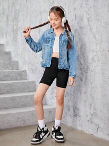 SHEIN Sparklyn 女大童翻蓋口袋牛仔夾克