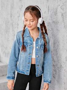 SHEIN Sparklyn 女大童翻蓋口袋牛仔夾克