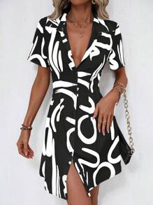 SHEIN Privé Allover Print Button Front Shirt Dress - Black and White - View 1