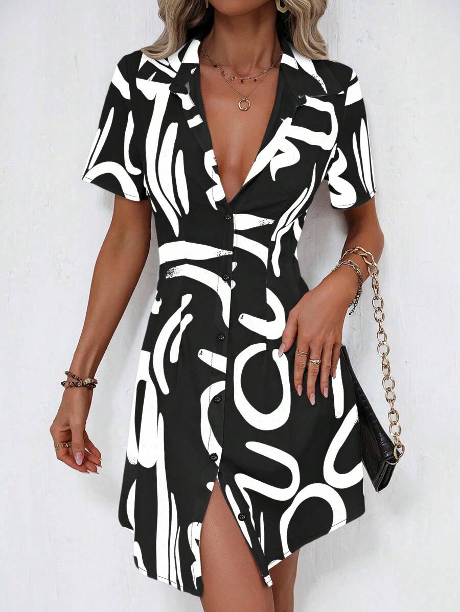 SHEIN Privé Allover Print Button Front Shirt Dress - Black and White - View 1