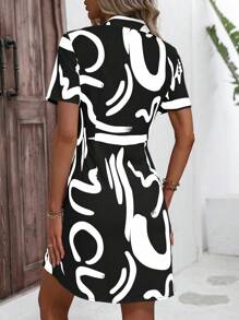 SHEIN Privé Allover Print Button Front Shirt Dress - Black and White - View 2