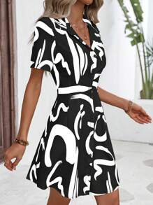 SHEIN Privé Allover Print Button Front Shirt Dress - Black and White - View 3