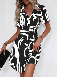 SHEIN Privé Allover Print Button Front Shirt Dress - Black and White - View 4