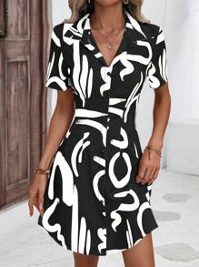SHEIN Privé Allover Print Button Front Shirt Dress - Black and White - View 6