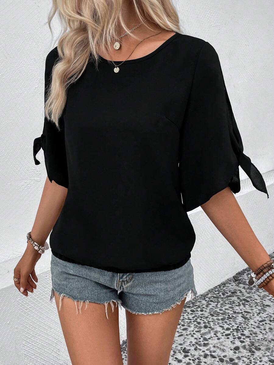 SHEIN LUNE Knot Split Sleeve Blouse - Black - View 1
