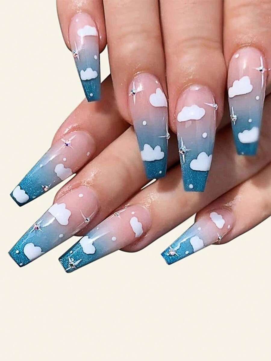 Instantly Upgrade Your Look with 24pcs Coffin Blue Ombre Rhinestone Cloud Pattern Fake Nail & 1sheet Tape & 1pc Nail File - Blue - View 1