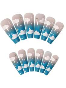 Instantly Upgrade Your Look with 24pcs Coffin Blue Ombre Rhinestone Cloud Pattern Fake Nail & 1sheet Tape & 1pc Nail File - Blue - View 2