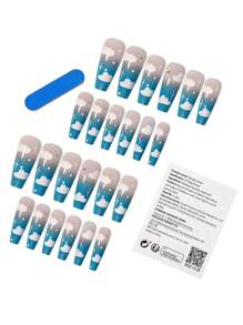 Instantly Upgrade Your Look with 24pcs Coffin Blue Ombre Rhinestone Cloud Pattern Fake Nail & 1sheet Tape & 1pc Nail File - Blue - View 3