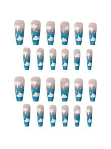 Instantly Upgrade Your Look with 24pcs Coffin Blue Ombre Rhinestone Cloud Pattern Fake Nail & 1sheet Tape & 1pc Nail File - Blue - View 4