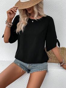SHEIN LUNE Knot Split Sleeve Blouse - Black - View 5