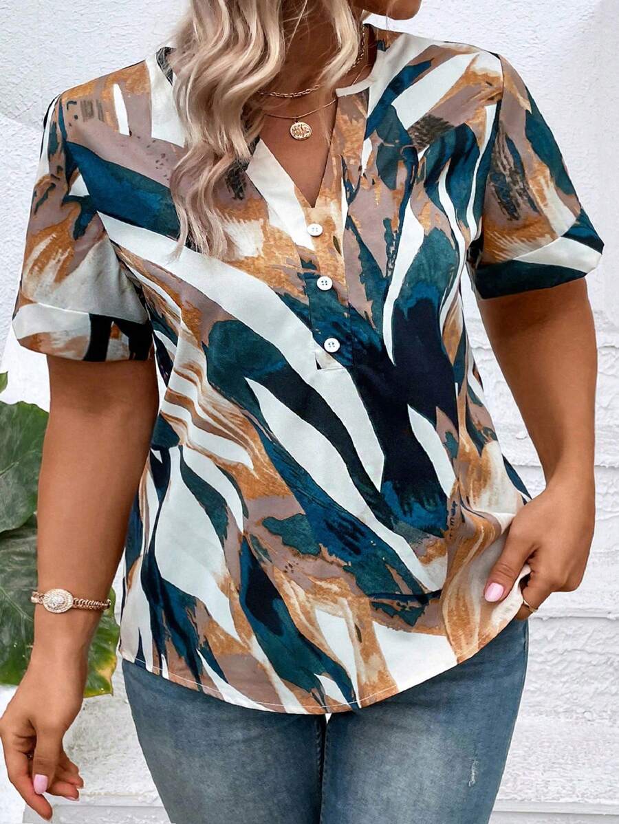 SHEIN Unity 大碼滿版印花缺口領半排扣襯衫 - 彩色 - 查看 1