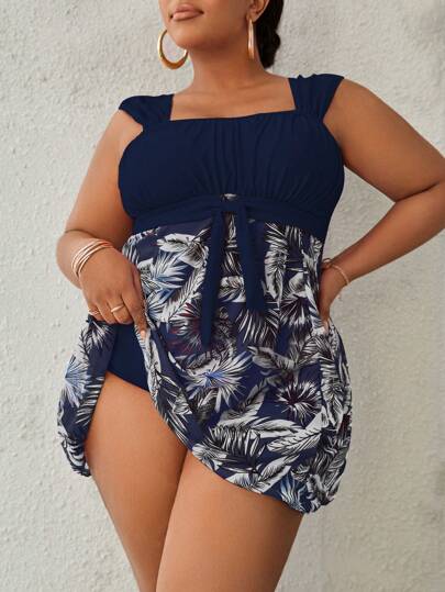 Swim Lushoire Summer Beach Plus Size Tropical Print Ruched Bust Knot Front Tankini