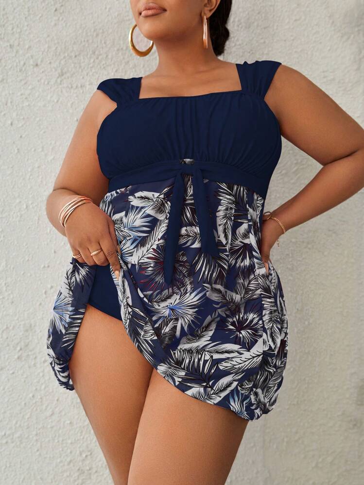 Swim Lushoire Summer Beach Plus Size Tropical Print Ruched Bust Knot Front Tankini - Navy Blue - View 1