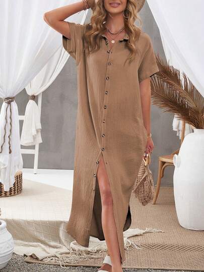 DOKOTOO Solid Button Front Batwing Sleeve Curved Hem Shirt Dress