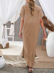 DOKOTOO Solid Button Front Batwing Sleeve Curved Hem Shirt Dress - Brown - View 3