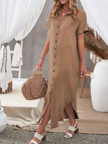 DOKOTOO Solid Button Front Batwing Sleeve Curved Hem Shirt Dress - Brown - View 4