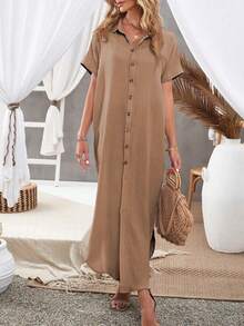 DOKOTOO Solid Button Front Batwing Sleeve Curved Hem Shirt Dress - Brown - View 7