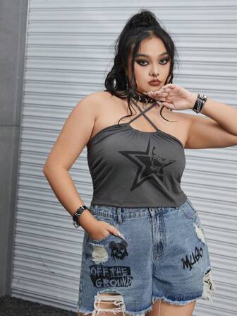 Grunge Punk Plus Star & Skull Print Criss Cross Halter Top