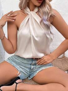 SHEIN Clasi 大碼素色前扭結繞頸襯衫 - 杏色 - 查看 5