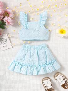 Baby Girl Ruffle Trim Cami Top & Ruffle Hem Skirt - Baby Blue - View 2