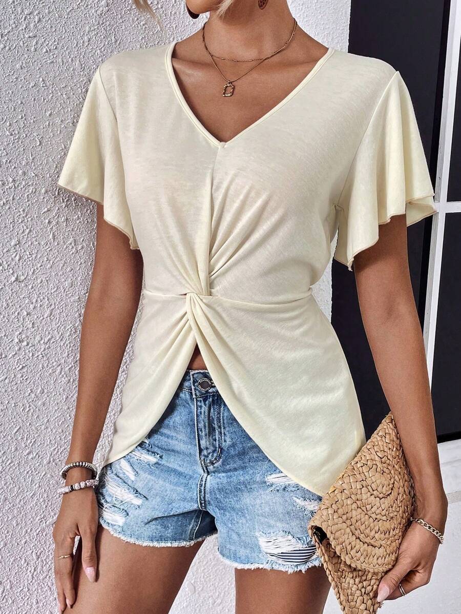 SHEIN Essnce 前扭結蝴蝶袖不對稱下擺T恤 - 米色 - 查看 1