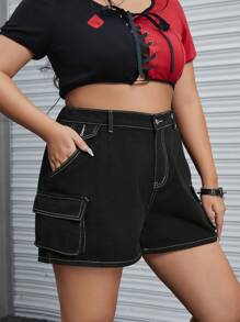 ROMWE Grunge Punk 大碼高腰側翻蓋口袋牛仔短褲 - 黑色 - 查看 1