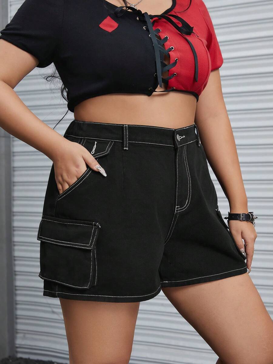 ROMWE Grunge Punk 大碼高腰側翻蓋口袋牛仔短褲 - 黑色 - 查看 1